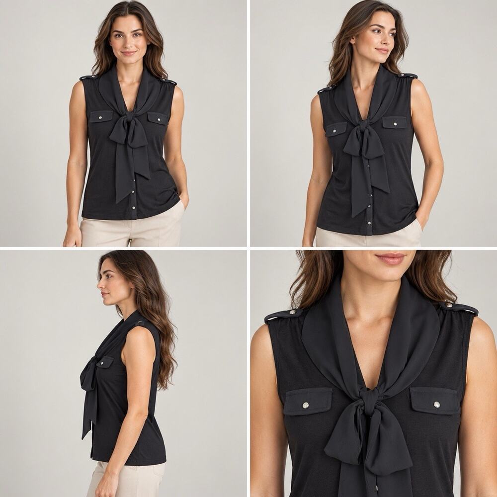 White House Black Market Blouse Womens XS Black Sleeveless Bow Tie Neck Button - Picture 1 of 10